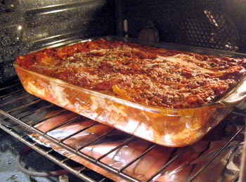 lasagna, in the oven