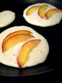 Buttermilk Pancakes with Nectarines, cooking on the stove