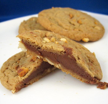 Chocolate-Filled Double Delight Peanut Butter Cookies, sliced