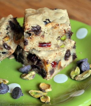 Blondies with CCs, Cherries and Pistachios