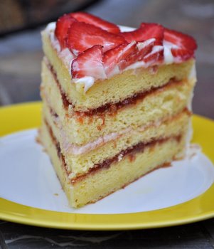 Strawberry Lemonade Chiffon Layer Cake, sliced
