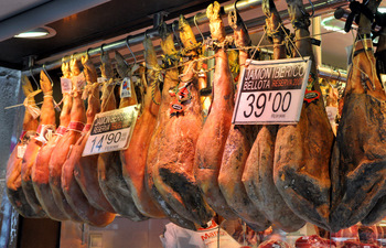 Spanish ham at La Boqueria Market