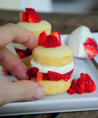 Bite Size Strawberry Shortcakes, with fingers!