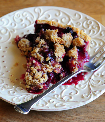 Plum and Blackberry Pie with Almond Crumble, Slice