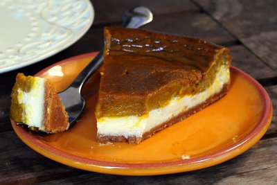 Two Layer Pumpkin Pie Cheesecake, with bite