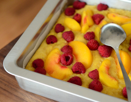 Yellow Cake Baked Oatmeal Casserole with Raspberries and Nectarines