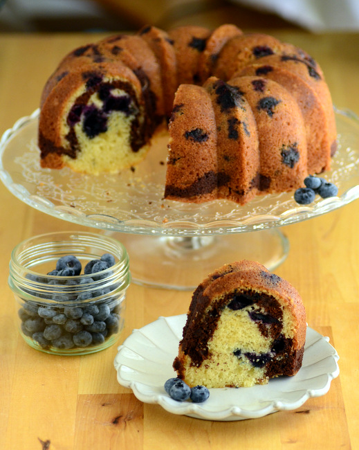 Chocolate-Swirled Vanilla Blueberry Bundt Cake